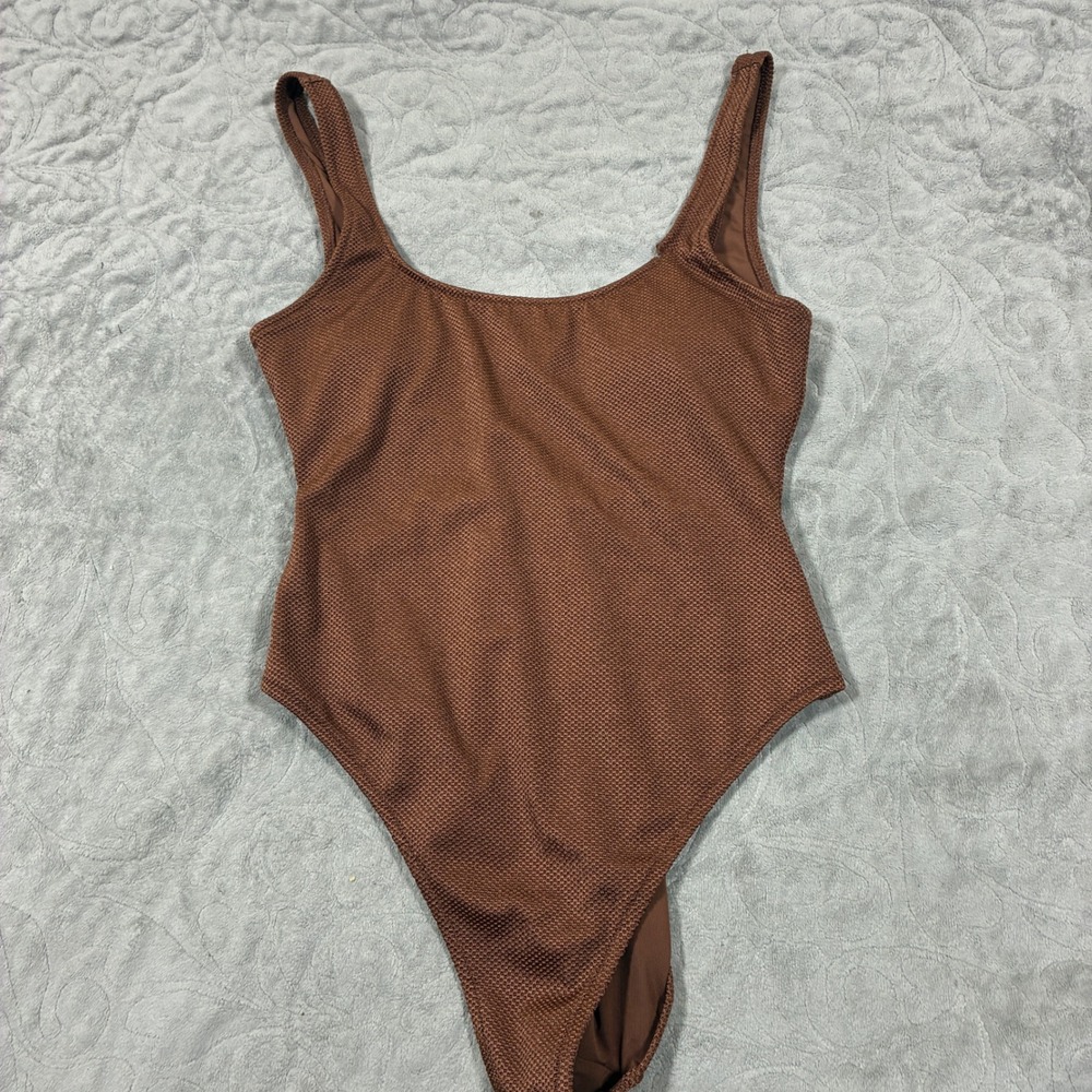 Aerie Brown Textured One Piece Swimsuit Size S Cheeky Scoop Neck Neutral